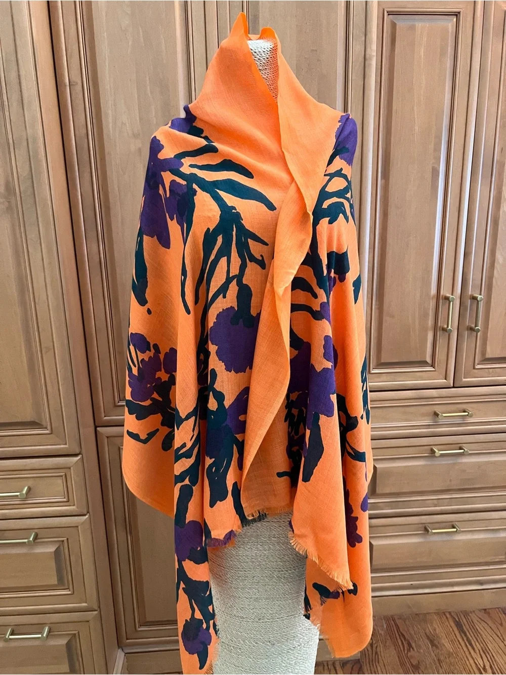 Marimekko Orange Floral Scarf with Purple & Dark Green Prints